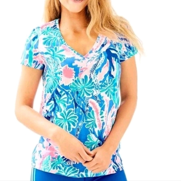 Lilly Pulitzer Etta V Neck Top Jet Stream Blue Pink Size XXSMALL Cotton Beach - Picture 1 of 6